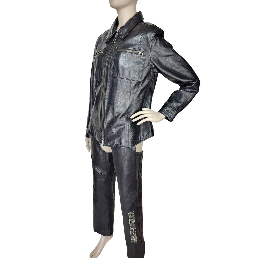 Vintage Harley Davidson Black Leather Zip-Up Embroidered Biker Moto Jacket Large